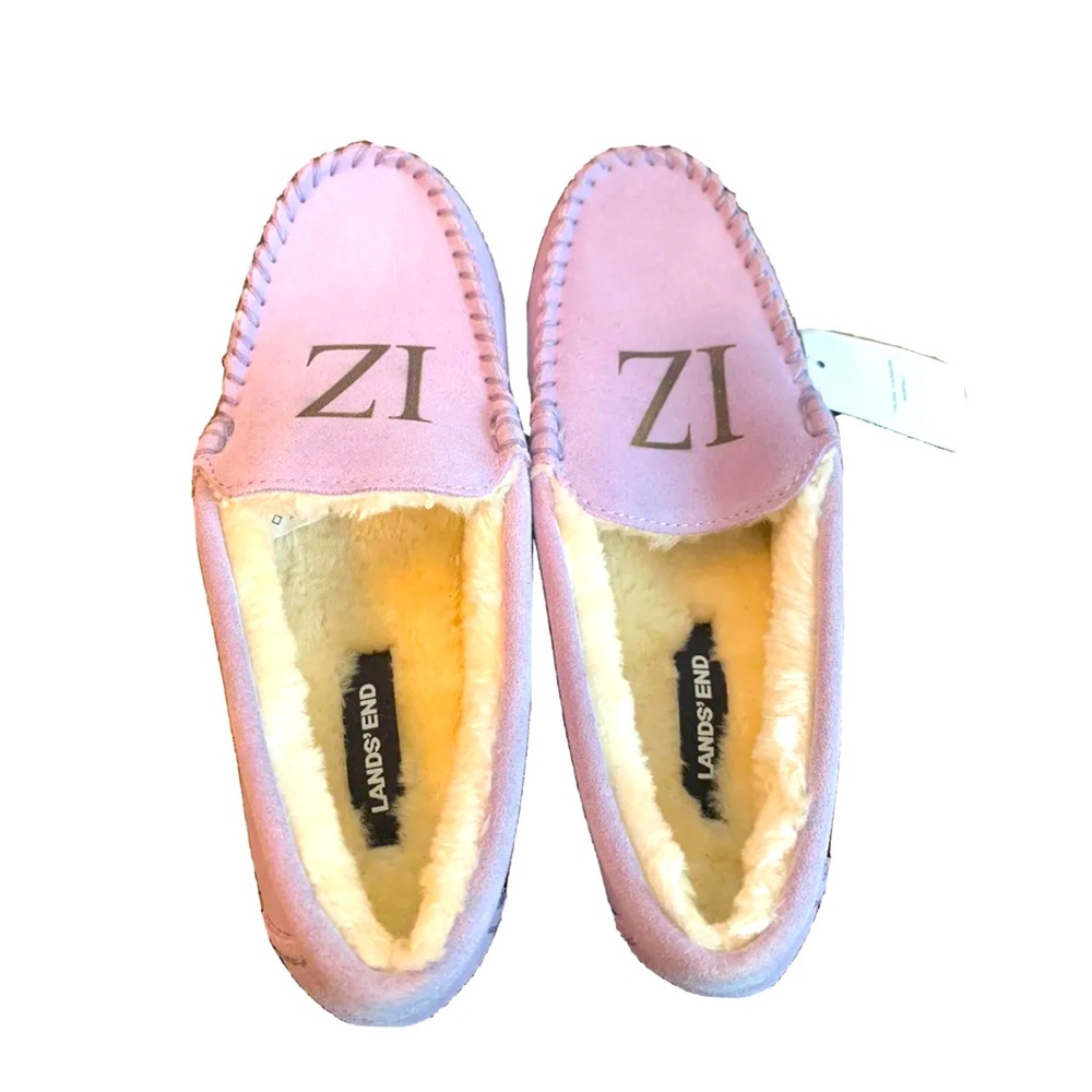 Lands End NWT Women's Slippers Lavender Suede Moccasin Size 7 Faux Fur Lined